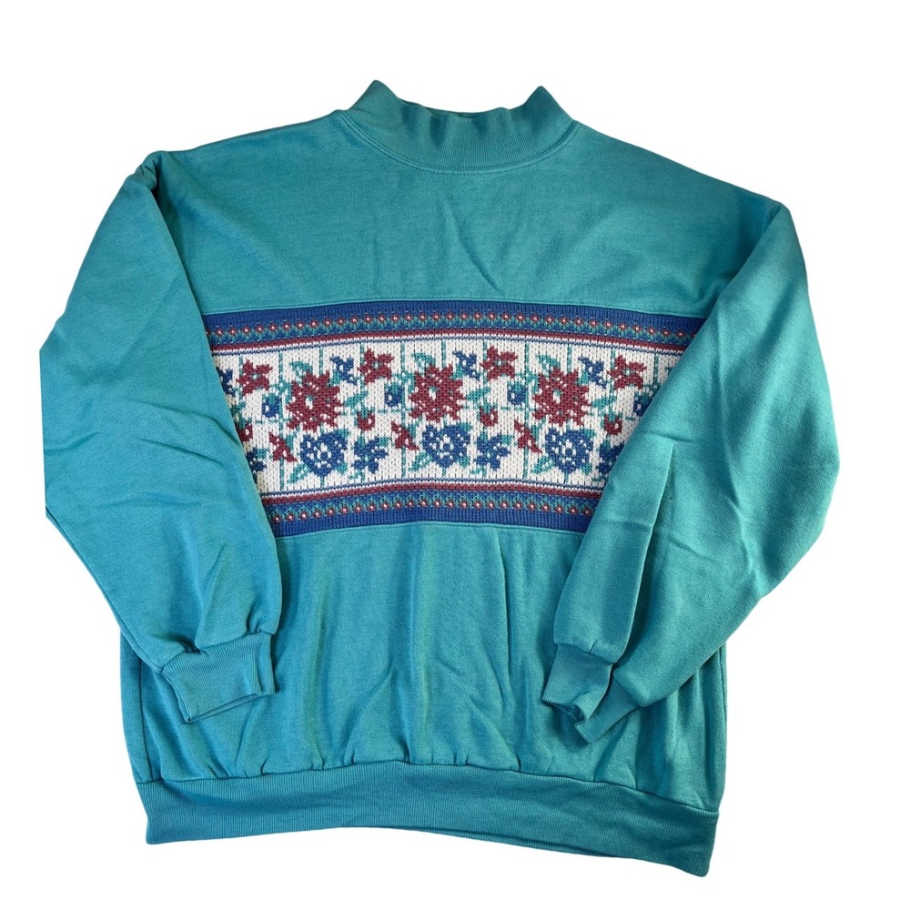 Vintage 80s Act III Teal Floral Knit Panel Mock Neck Sweatshirt Made in USA sz L
